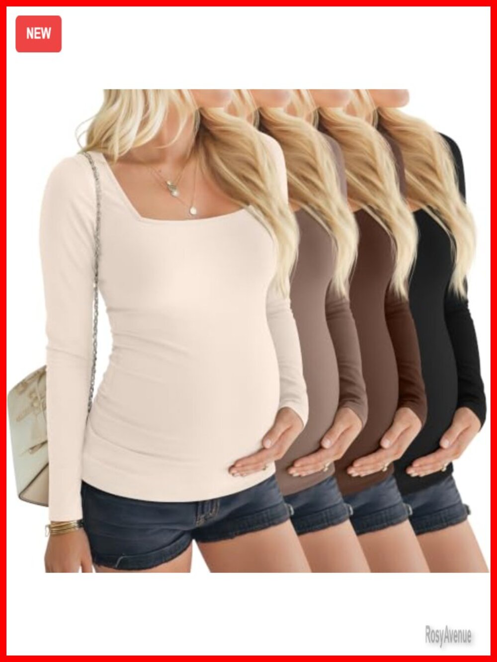 4 Pack Womens Maternity Long Sleeve Square Neck T-Shirts Stretchy Pregnancy Tops